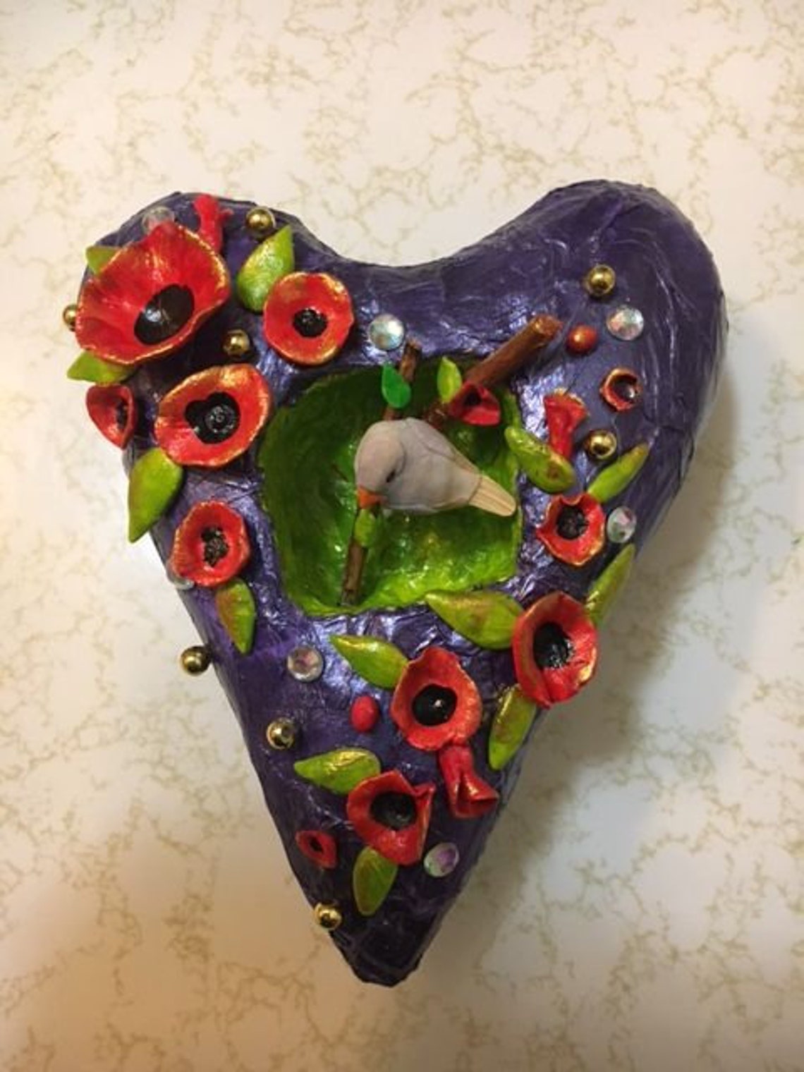 Paper Mache Heart with handmade clay flowers ready to hang Etsy
