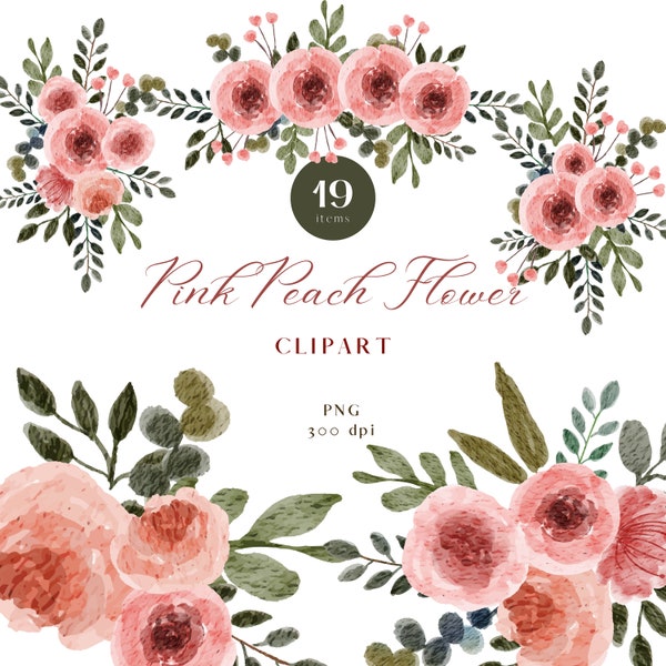 Pink Peach Watercolor Flower Clipart, Flower Clipart, Botanical Clipart, Wedding Clipart, Invitation Clipart