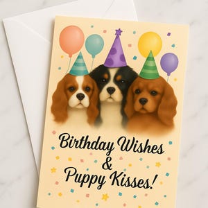 Carte d'anniversaire épagneul King Charles | Souhaits d'anniversaire et bisous de chiot