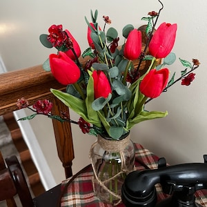 Silk Red Tulips & Glass Flowers in Twine Vase