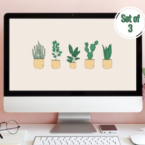May include: A computer screen displaying a set of 3 digital illustrations of potted plants. The plants are a cactus, a fern, and a succulent. The text "Set of 3" is displayed in a circle in the upper right corner of the screen.
