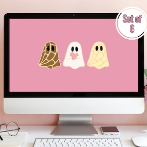 May include: A computer screen displaying a pink background with three cartoon ghosts. The ghosts are different colors and have different designs. The text "Set of 6" is in a circle at the top right of the screen.