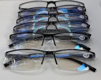 6 Pack Mens Rectangular Half Frame Blue Light Blocking Reading Glasses Black Spring Hinge Readers