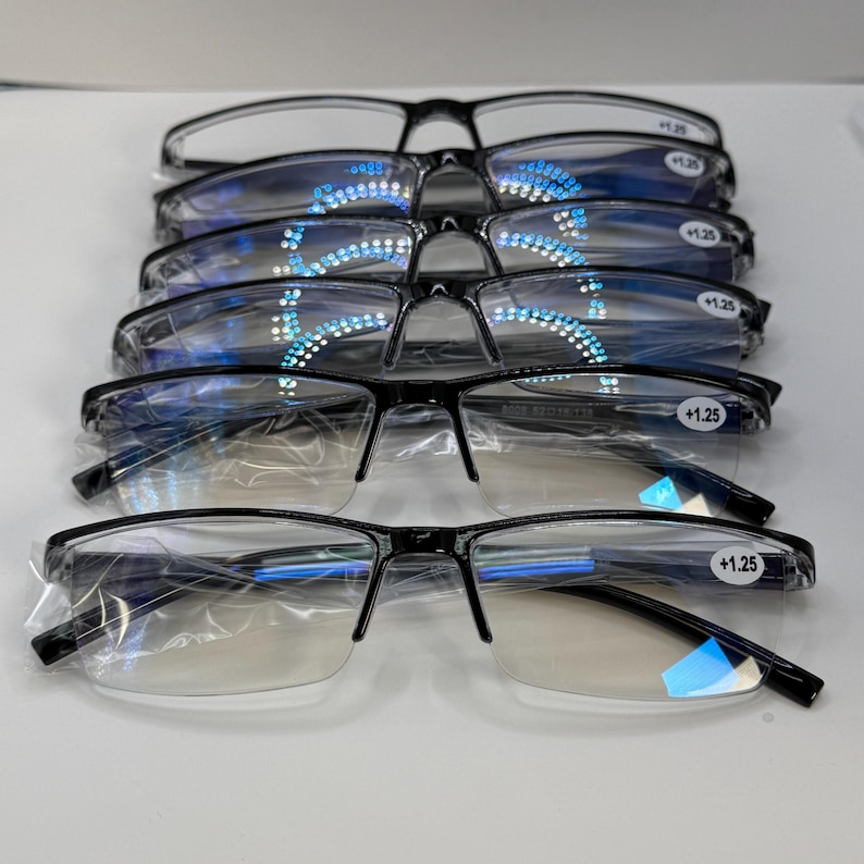 6 Pack Mens Rectangular Half Frame Blue Light Blocking Reading Glasses Black Spring Hinge Readers image 1