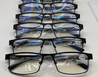 6 Pack Mens Rectangular Metal Frame Blue Light Blocking Reading Glasses Black TR90 Unbreakable Arms Readers Spring Hinge
