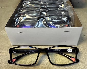 20 Pack Mens Womens Unisex Lightweight Rectangular Blue Light Blocking Reading Glasses Black Full Frame Readers