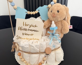 Regalo para nacimiento, adornos personalizados para bebé, tarta de pañales, pañales Pampers, cadena para chupete, niño, niña, rosa y azul.