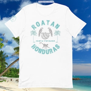 Roatan Honduras Sloth Macaw Monkey unisex t-shirt/Roatan jungle souvenir shirt/women&#39;s Roatan vacation tee/men&#39;s Roatan Caribbean shirt gift