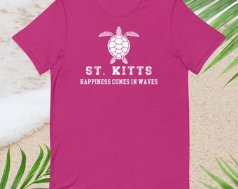 St. Kitts Happiness Comes in Waves Caribbean Unisex t-shirt/Saint Kitts cruise shirt/St Kitts mens tee/St Kitts sea turtle souvenir shirt