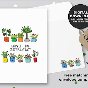 Feliz aniversário! Senhora louca Printable Cartão da planta de <br> Entrega Rápida? Cartão Punny, Cartão de aniversário, Cartão de aniversário para amantes de plantas, Cartões para mães de plantas | Download instantâneo