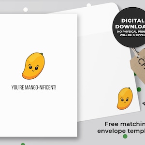 Jij bent Mango-nificent Printable Card | Fruit wenskaart, grappige mango kaart, Kawaii kunst, eten pun kaart, verjaardag | Direct downloaden