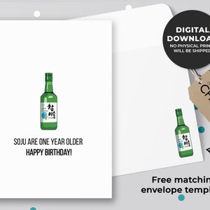 Soju Are One Year Older Happy Birthday!! Printable Card | Birthday Alcohol Card, Asian Punny Card, Soju Greeting Card | Instant Download