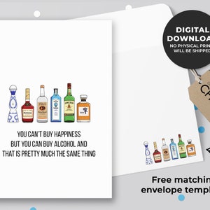 Je kunt geen geluk kopen, maar je kunt een op alcohol afdrukbare kaart kopen | Alcohol kaart, grappig krijgen goed kaart | Direct downloaden
