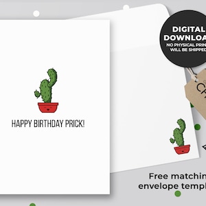 Cartão imprimível do Prick do feliz aniversario de <br> Entrega Rápida? Cartão Punny, Cartão de aniversário, Cartão de aniversário para amantes de plantas, Cartões engraçados de cacto suculento | Download instantâneo