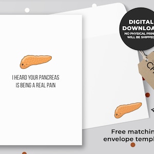 Escuché que su páncreas está siendo un dolor real tarjeta imprimible / juegos de palabras de anatomía, apoyo divertido contra el cáncer de páncreas, obtener tarjeta de bienestar / descarga instantánea