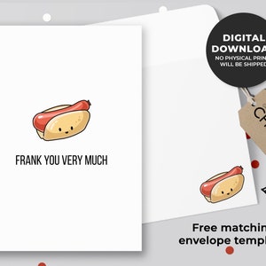 Frank usted muy imprimible tarjeta / Linda tarjeta de agradecimiento, perritos calientes, tarjeta de juego de comida / descarga instantánea