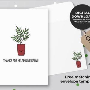 obrigado por me ajudar a crescer cartão para impressão | Cartão de agradecimento Punny, cartão de fim de ano, cartão de agradecimento ao professor, amante de plantas |Download instantâneo