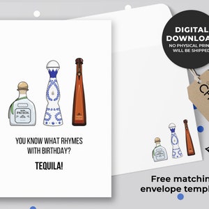 Você sabe o que rima com aniversário? TEQUILA! Cartão imprimível | Cartão de amizade, cartão de aniversário engraçado, cartão de aniversário de tequila | Download instantâneo