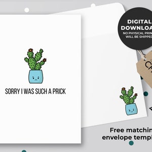 Sorry I was such a prick Printable Card | Punny Sorry Card, Apology Card, Plant Lovers Card, Succulent Card, Forgive Me | Instant Download