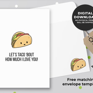Taco 'bout combien je t’aime Carte imprimable | Carte d’amitié mignonne, carte d’anniversaire, amateurs de tacos, carte de jeu de | Téléchargement instantané