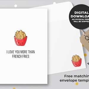 Ich liebe dich mehr als Französisch Fries druckbare Karte | Süße Jahrestags-Karte, Valentinstag-Karte, Pommes Frites, Essen Pun Karte | Sofortiger Download