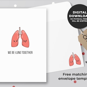 We be-lung together Printable Card | Anatomy Anniversary Card, Doctor Valentine&#39;s Day Card, Nurses Love Card | Instant Download