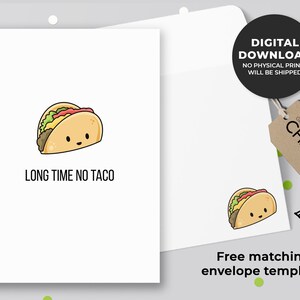 Long Time No Taco Printable Card | Cute Friendship Card, Miss You Card, Taco Lovers, Food Pun Card | Instant Download