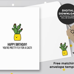 Feliz aniversário! você é mosca bonita para um cartão imprimível dos cactos | Cartão Punny, Cartão de Aniversário, Cartão de Aniversário para Amantes de Plantas | Download instantâneo
