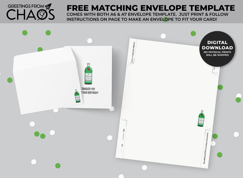 K&ouml;nnte beinhalten: Ein druckbarer digitaler Download f&uuml;r eine Gru&szlig;karte und einen passenden Umschlag. Die Karte zeigt eine gr&uuml;ne Flasche Gin mit dem Text "Tanquer-yay your birthday!" Die Umschlagvorlage ist wei&szlig; mit einer kleinen gr&uuml;nen Gin-Flasche in der rechten unteren Ecke. Der Text "Digitaler Download" befindet sich in einem schwarzen Kreis mit wei&szlig;em Rand.