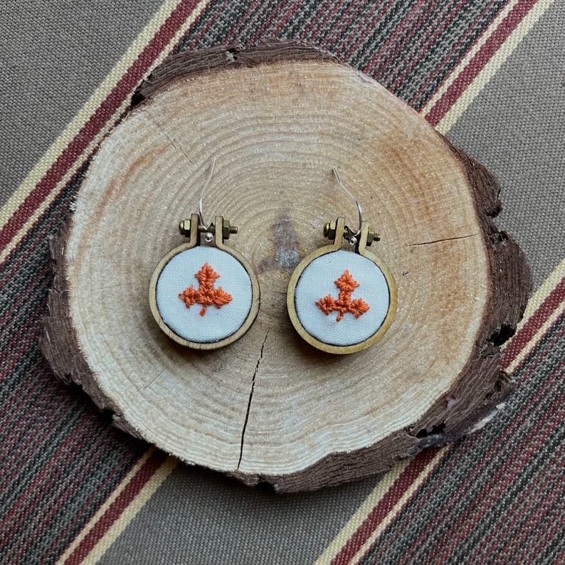 Tiny Maple Leaf Miniature Embroidery Hoop Earrings Hand Made Dangly