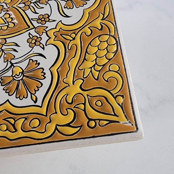 Vintage Handmade Greek Tiles,  Golden Yellow Starburst Floral Decorative Tile, Made by Nassos Keramik Paradissi Rodos-Hellas.