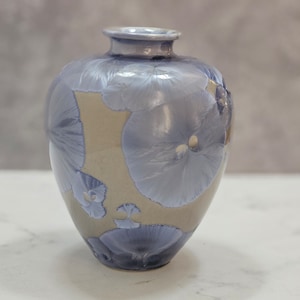 Peut inclure: Un petit vase en céramique bleu clair et beige avec un motif floral. Le vase a un corps rond et un col étroit.