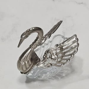 Antique Silver & Crystal Swan Salt Cellar – Hinged Reticulated Wings – Elegant Vintage Tableware