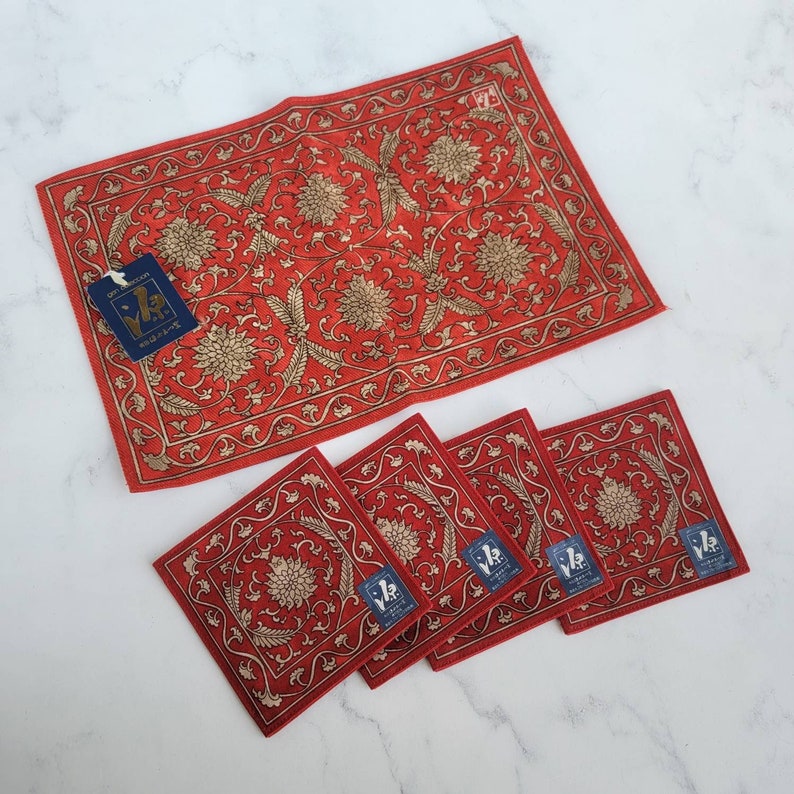 Gen Collection Japanese Tea Ritual Placemat and Coasters Set in Red