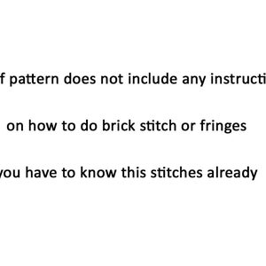 Puede incluir: Texto sobre un fondo blanco que dice: "pdf pattern does not include any instruction on how to do brick stitch or fringes you have to know this stitches already"