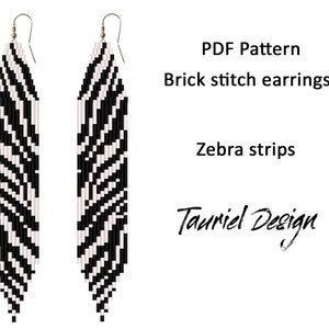 Könnte beinhalten: PDF-Muster für Ziegel-Stich-Ohrringe mit Zebrastreifen-Design. Das Muster stammt von Tauriel Design.
