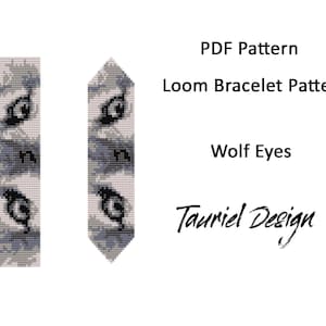 May include: A loom bracelet pattern for a wolf eye design. The pattern is in black and white and shows the bead placement for the bracelet. The pattern is titled "Wolf Eyes" and is by "Tauriel Design".