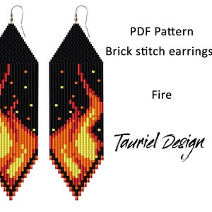 May include: PDF pattern for brick stitch earrings featuring a fire design. The earrings are long and narrow, with a black background and orange, yellow, and red flames. The pattern is by Tauriel Design.