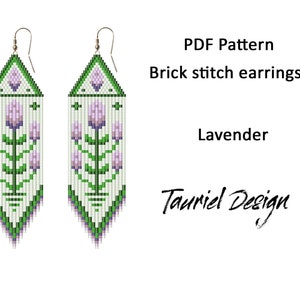 May include: PDF pattern for brick stitch earrings featuring a lavender flower design. The pattern is by Tauriel Design.