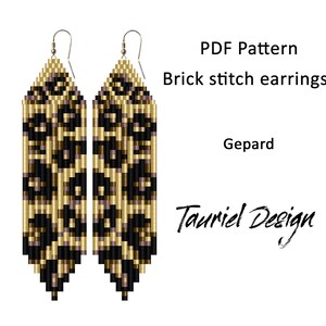 May include: A pair of beaded brick stitch earrings with a leopard print design. The earrings are gold, black, and brown, with a rectangular shape and a hook closure. The image includes the text "PDF Pattern Brick stitch earrings Gepard Tauriel Design."