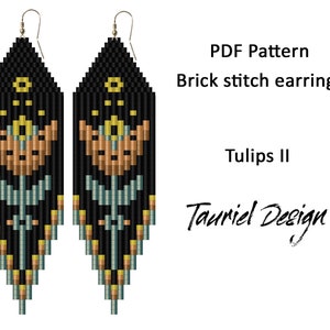May include: PDF pattern for brick stitch earrings featuring a tulip design in black, gold, brown, and blue. The pattern is called "Tulips II" and is by Tauriel Design.
