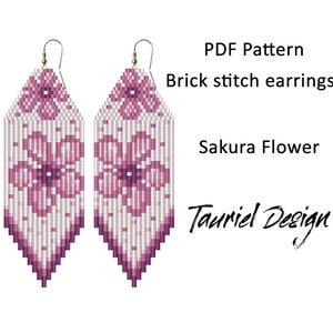May include: PDF pattern for brick stitch earrings featuring a pink sakura flower design. The pattern is called "Sakura Flower" and is by Tauriel Design.