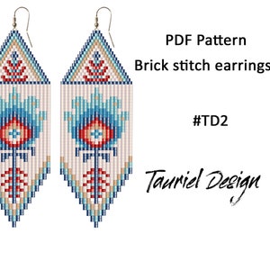 May include: Two beaded brick stitch earrings with a floral design in red, blue, and tan. The earrings have a triangular top and a rectangular body. The text "PDF Pattern Brick stitch earrings" is displayed.