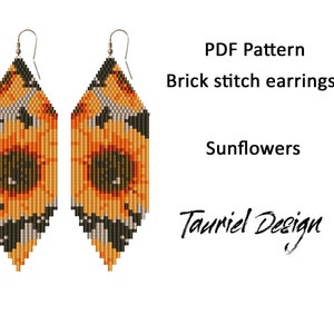 May include: PDF pattern for brick stitch earrings featuring a sunflower design. The earrings are long and narrow, with a black, gray, and yellow color scheme. The pattern is by Tauriel Design.