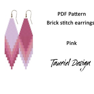 May include: PDF pattern for brick stitch earrings in pink and purple. The pattern is for a pair of long, teardrop-shaped earrings.