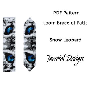 May include: A loom bracelet pattern for a snow leopard with blue eyes. The pattern is available as a PDF download. The design is by Tauriel Design.