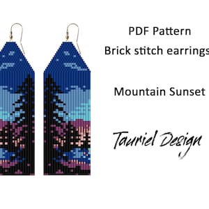 May include: PDF pattern for brick stitch earrings, featuring a mountain sunset design. The pattern is called "Mountain Sunset" and is by Tauriel Design.