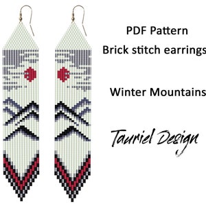 May include: A pair of long, beaded earrings with a geometric mountain design. The earrings feature a cream background with black, gray, red, and blue accents. The text "PDF Pattern Brick stitch earrings Winter Mountains Tauriel Design" is also visible.