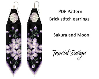 Pendientes con puntada de ladrillo, pendientes con cuentas y flecos, flores, flores de sakura y luna.