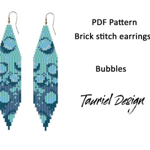 May include: A PDF pattern for brick stitch earrings with a blue and green bubble design. The pattern is called "Bubbles" and is by Tauriel Design.